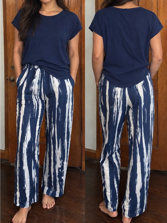 Pants - Navy Tee & Blue/White Brushstroke Print Wide-Leg Pants Set